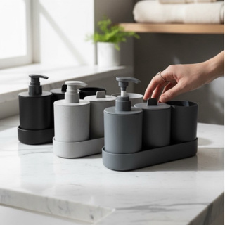 Kit Banheiro 4 peças Bandeja Porta Sabonete Liquido Porta Cotonete e Porta Escova Marca Lyor em Oferta na Shopee