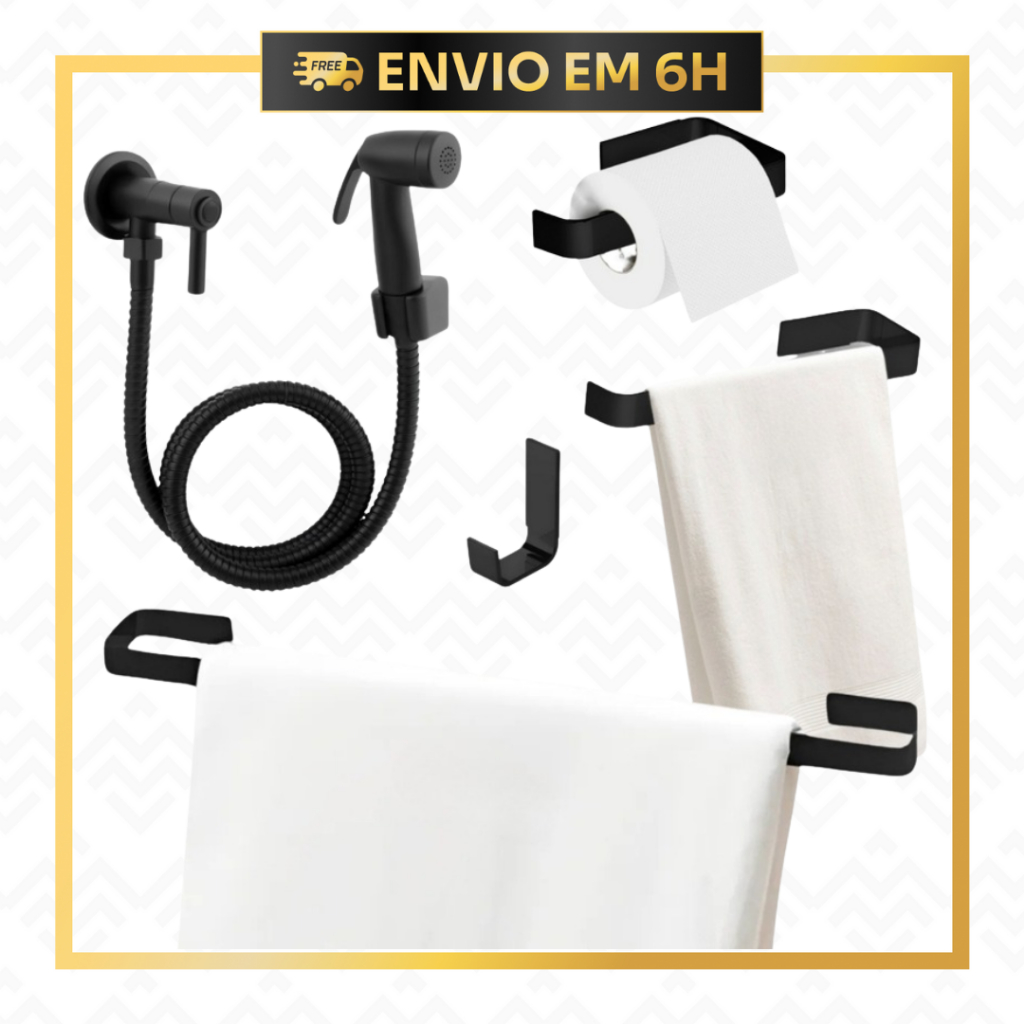 Kit Banheiro Luxo Preto Fosco | Ducha Higiênica + Acessórios Quadrados Inox Preto