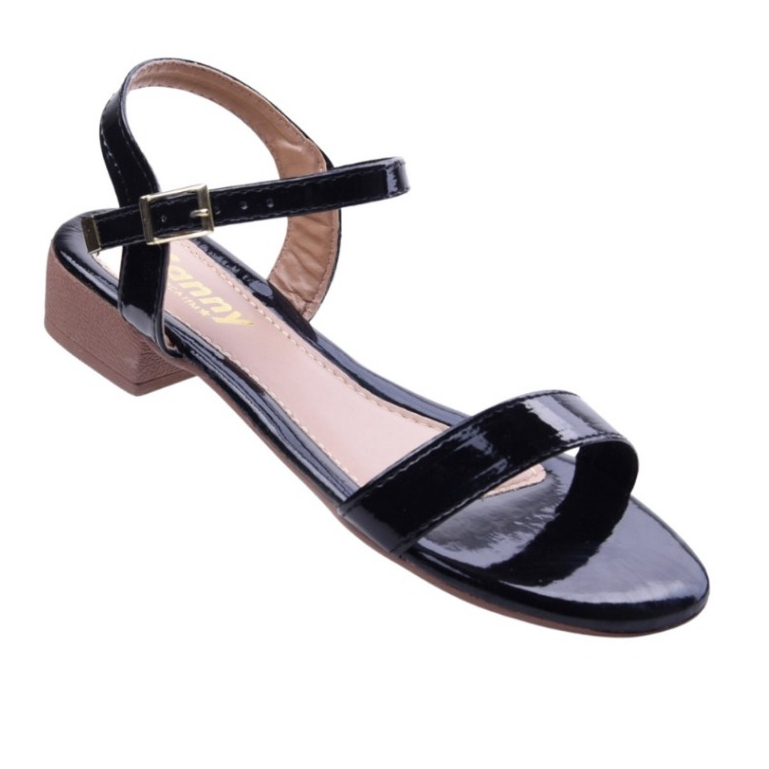 Sandália Feminina Preta Verniz Salto Baixo 3cm Antiderrapante com Fivela Casual Elegante Saltinho