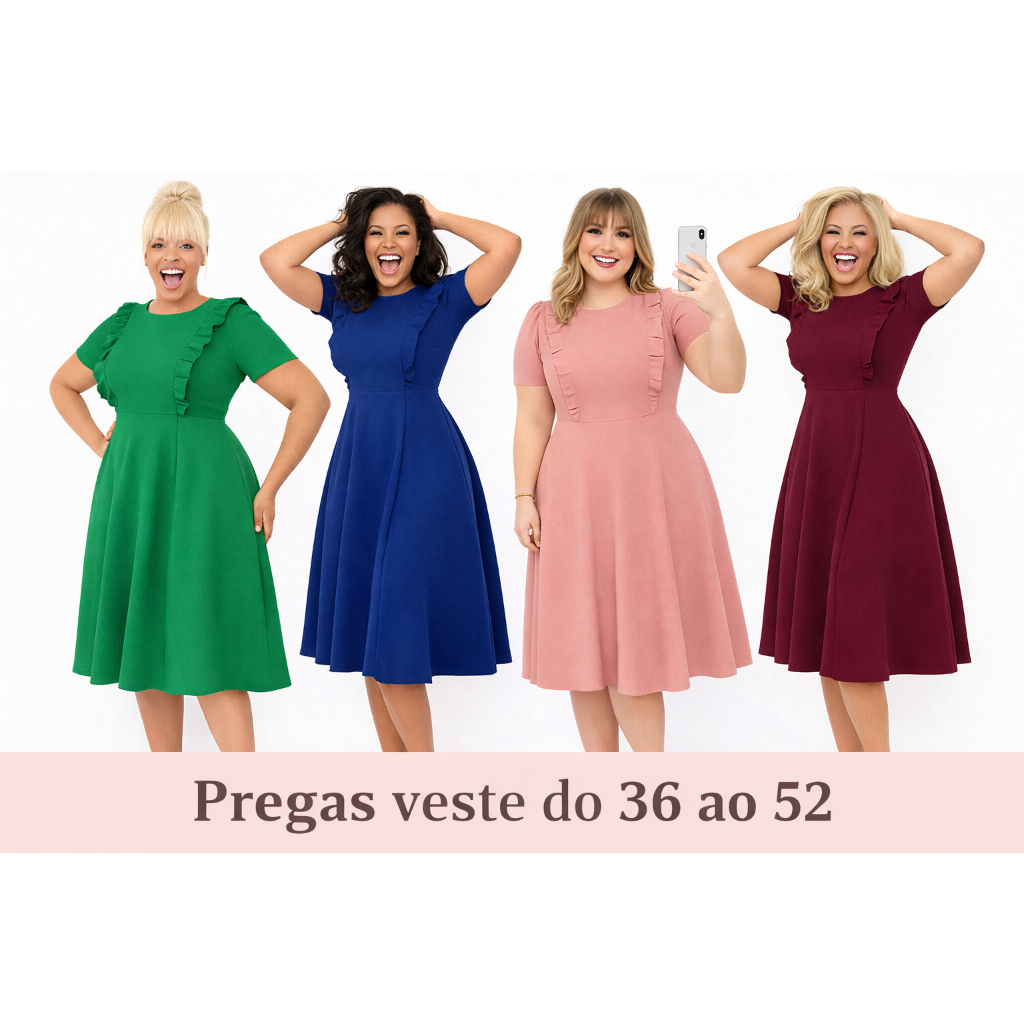 Vestido Plus Size Moda Evangélica Social Rodado Evasê Midi Tendência desse ano