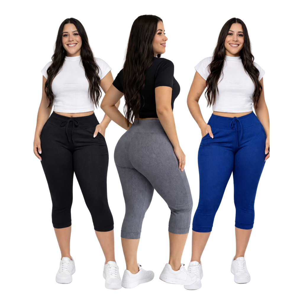 Kit 3 Calças capri feminina Cintura alta com elastano Corsário canelada em Oferta na Shopee