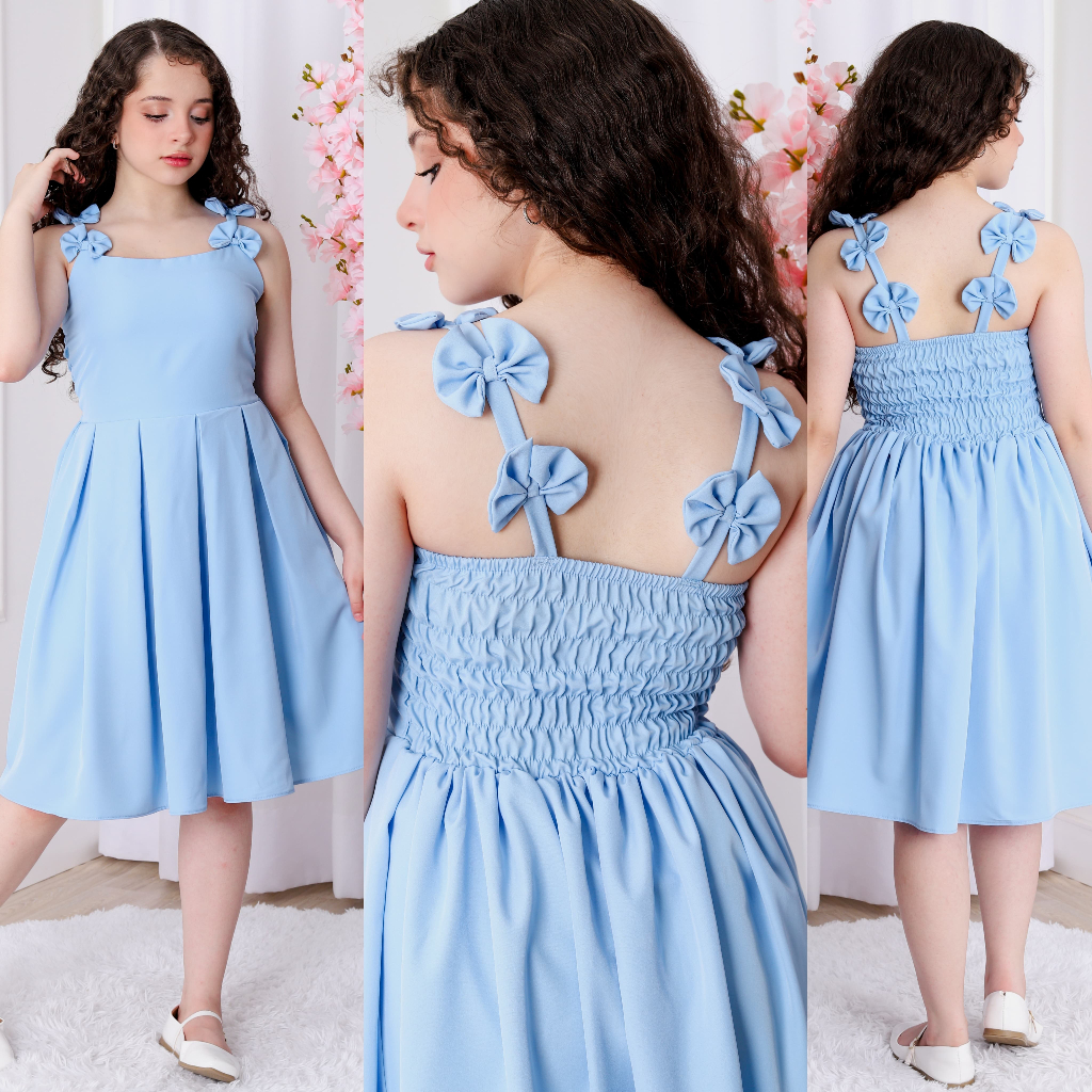 Vestido infantil midi laços aplicados nas alças decote quadrado casual social Tamanho 8 ao 14