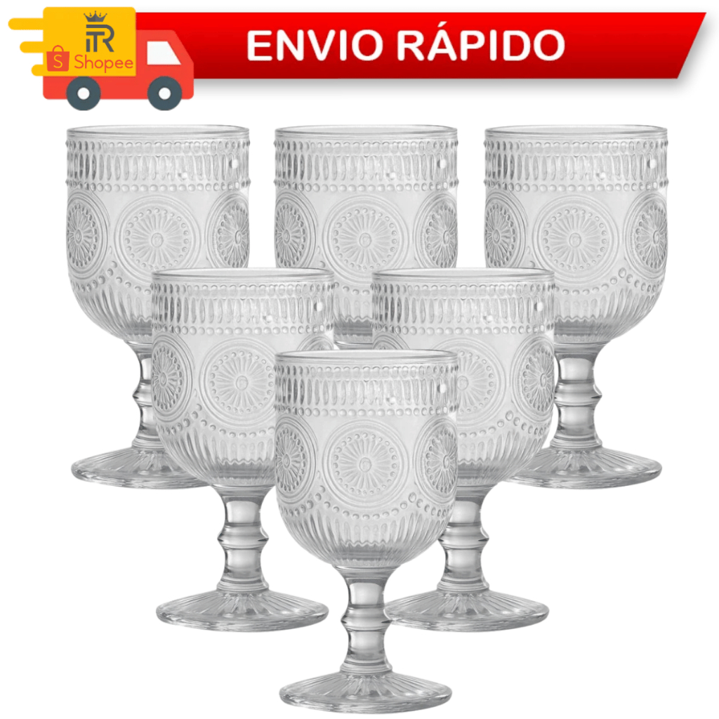 Jogo 6 Taças De Vidro Clear Luxo Premium 230ml Copos De Vinho Água Refrigerante Casa Cozinha
