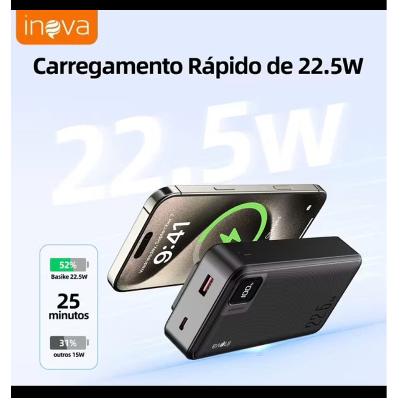 Inova Carregador Portátil Power Bank Grande 20000mah Turbo 22.5W PD Rápido Com Display Portátil