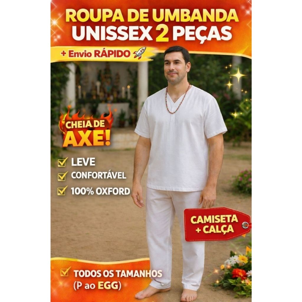 Roupa de Ração Umbanda Religião Candomblé com Axé Camisa Unissex Oxford 2 Peças Calça e Camiseta Roupa P ao GG