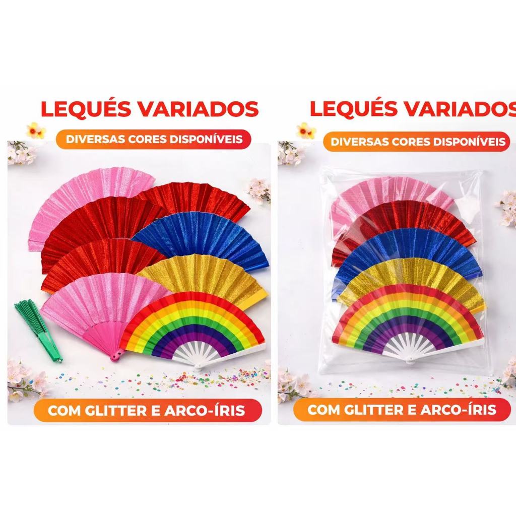 Leque Colorido(P) Modelos com Glitter, Liso e Arco-Íris PEQUENO Carnaval bloco Festa e Decoração em Oferta na Shopee