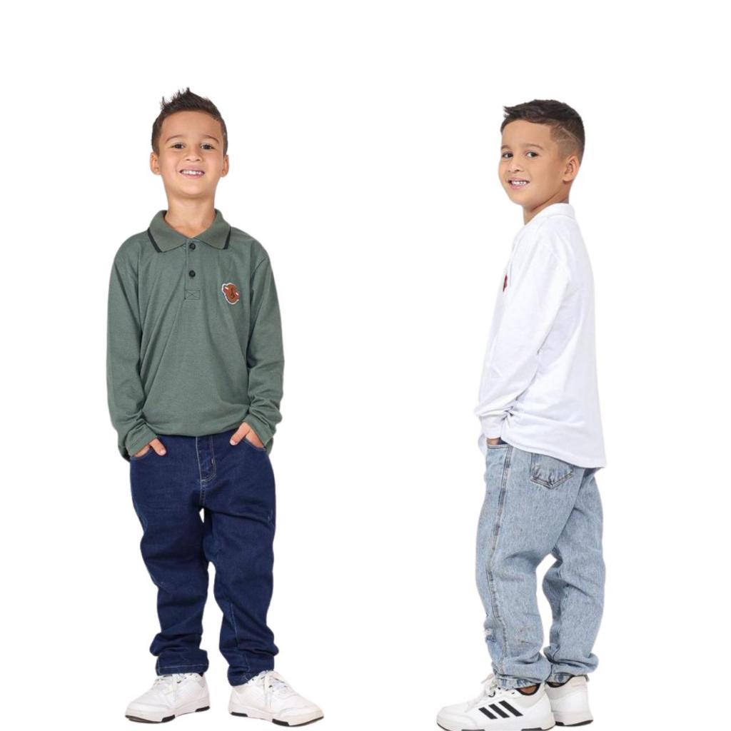 Kit 2 Camisa Camiseta Infantil Masculino Gola Polo Manga Longa Malha Algodão Casual Lisa Basica