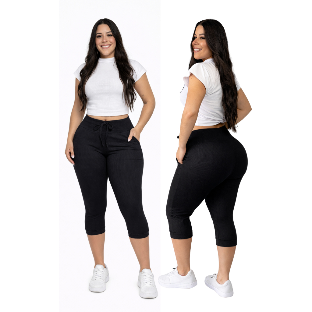 Calça capri Feminina Cintura Alta com elastano corsário canelada em Oferta na Shopee