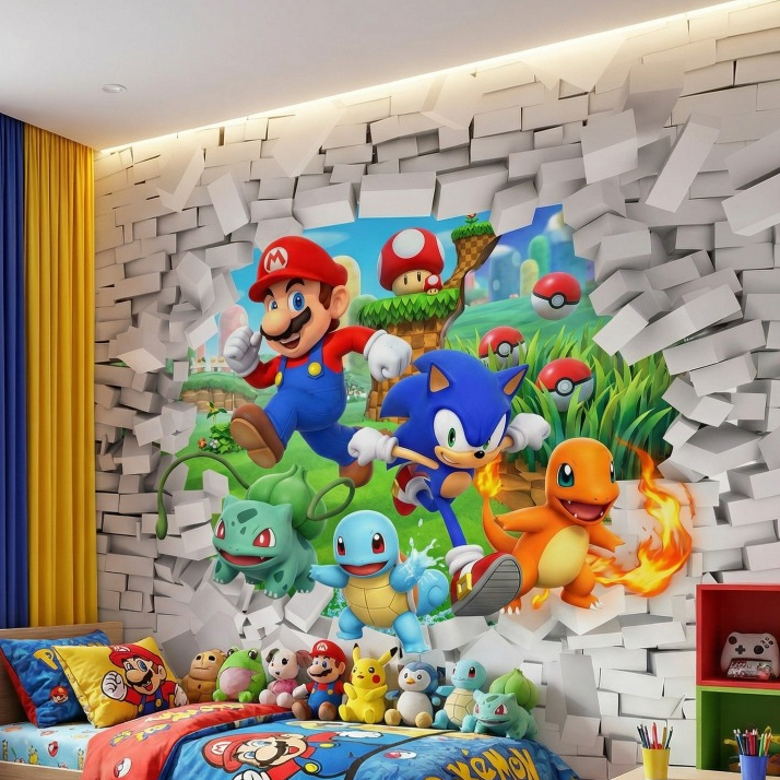 Papel de Parede Adesivo Mario Bross Sonic e Pokémon Tijolinho