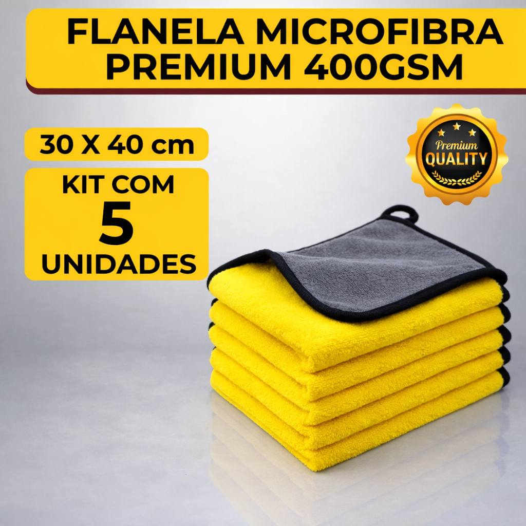 Kit 5 Panos Flanelas Microfibra Automotiva 400GSM Premium Para Lavagem polimento de Carro em Oferta na Shopee