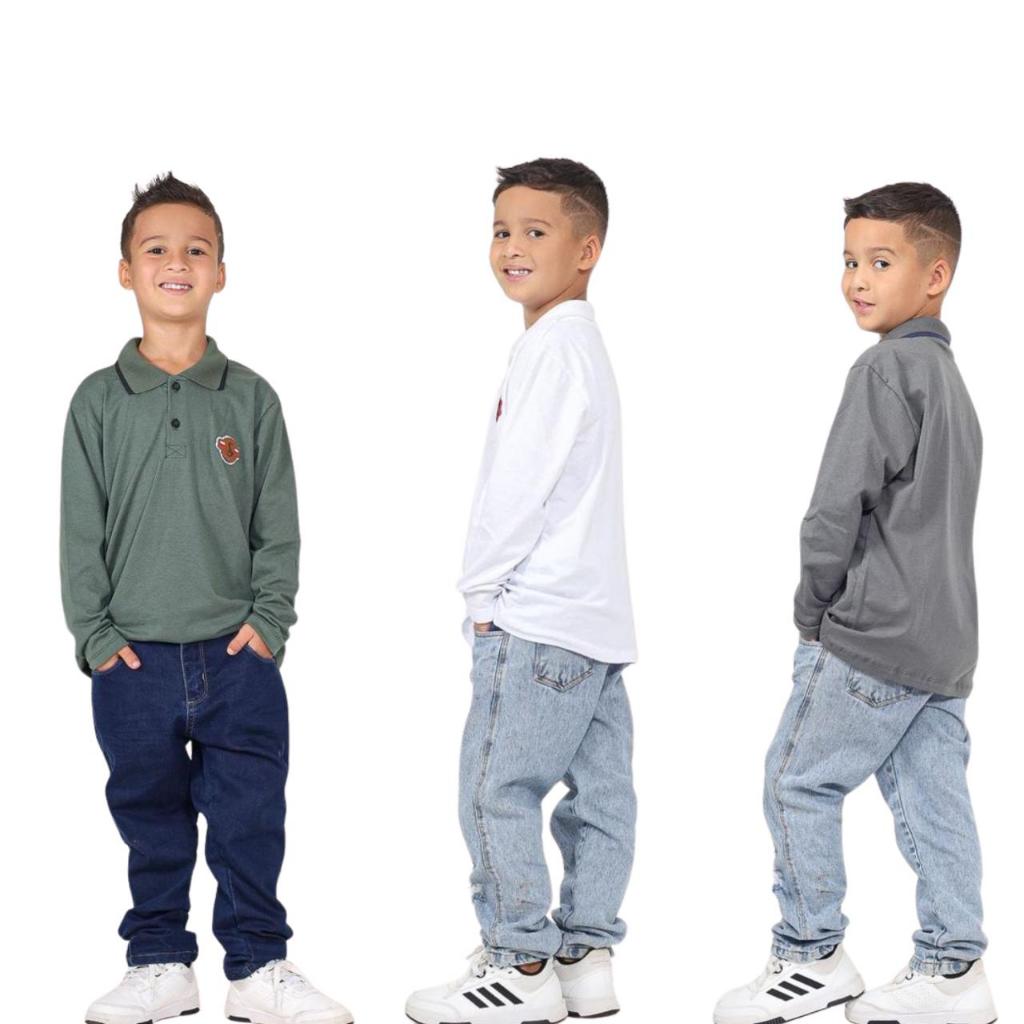 Kit 3 Camisa Camiseta Infantil Masculino Gola Polo Manga Longa Malha Algodão Casual Lisa Basica
