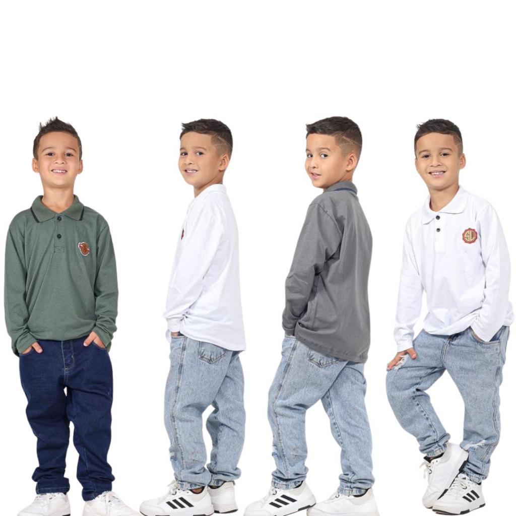 Kit 4 Camisa Camiseta Infantil Masculino Gola Polo Manga Longa Malha Algodão Casual Lisa Basica