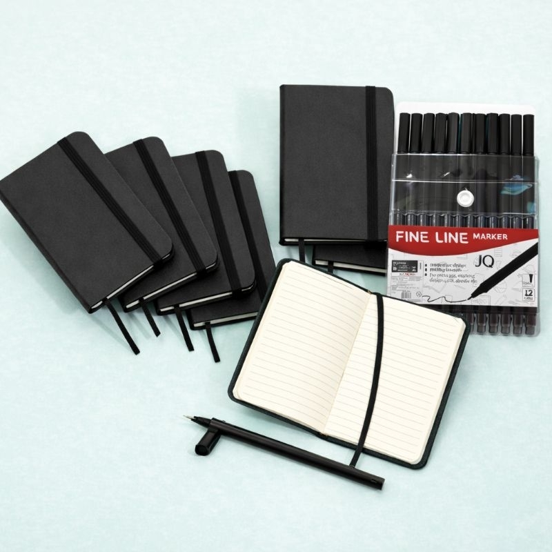Kit Caderneta Tipo Moleskine A5 Preto + 12 Canetas Fine Line Ponta fina 0.4mm Preta  | Escrita e Desenho