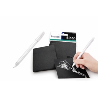 Kit Post-it Bloco Adesivo Preto 100 Folhas + Caneta Gel Branca  | Perfeito para Desenho e Anotações Criativas em Oferta na Shopee