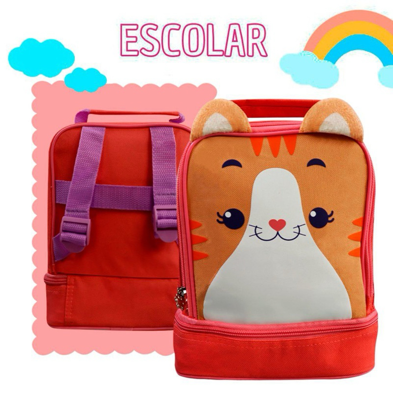 Mochila Lancheira Bolsa Térmica Gatinha Infantil 2 Compartimentos Conserva Temperatura Comida Merenda Alimentos Bebidas