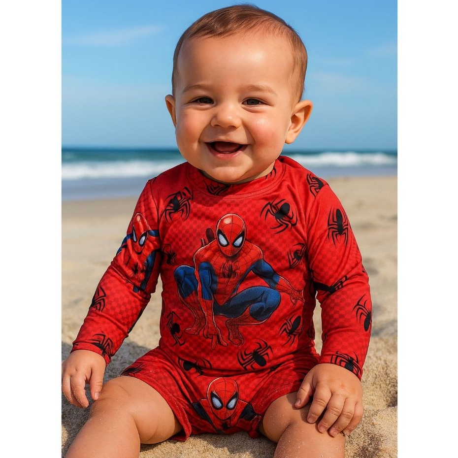 Kit UV Conjuntos de Praia com Proteção UV 50+ com sunga e camisa Mickey, Dinossauro, Patrulha, Sonic, Homem Aranha