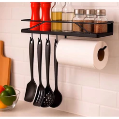 Prateleira Cozinha Porta Tempero Condimentos Porta Rolo Suporte Organizador de Parede 40 cm em Aço