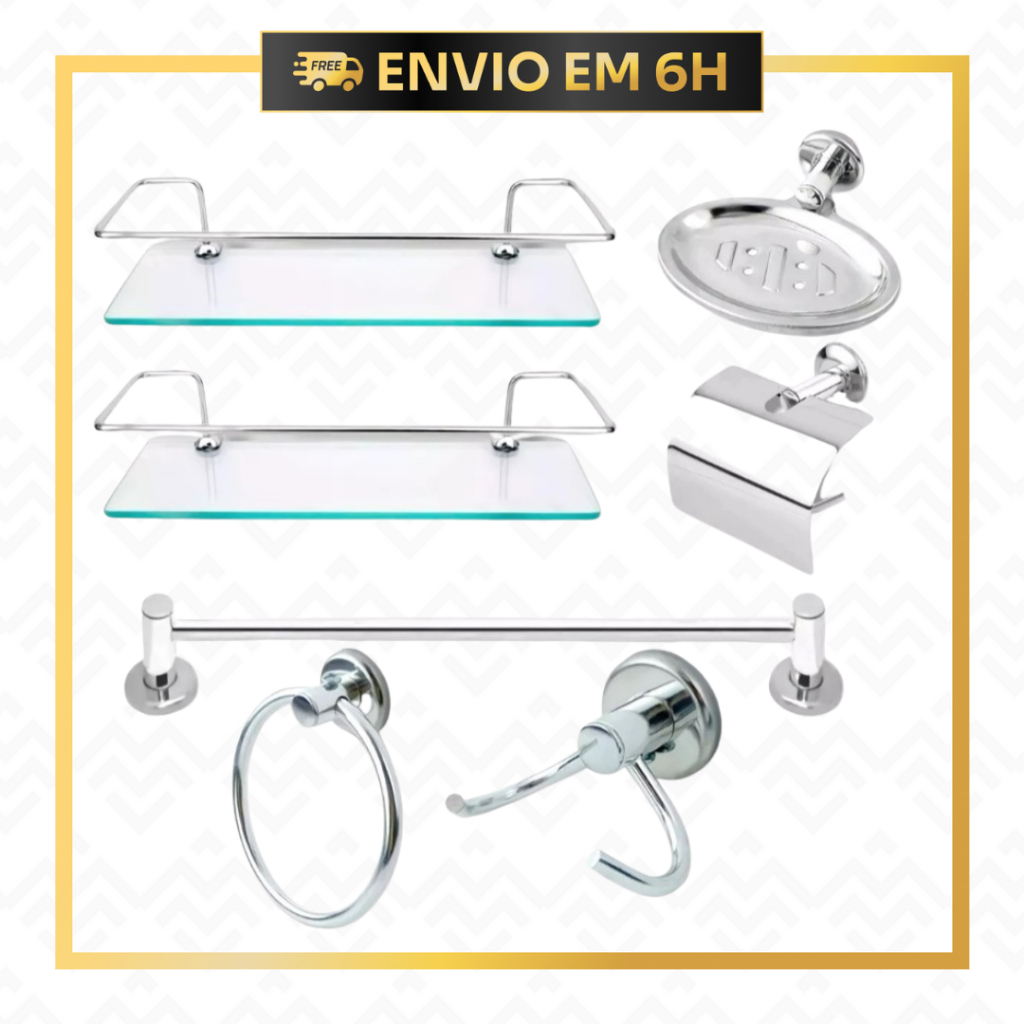 Porta Shampoo e Kit Banheiro Inox Cromado 7 Peças com 2 Porta Shampoo de Vidro + Toalheiros, Papeleira e Cabides