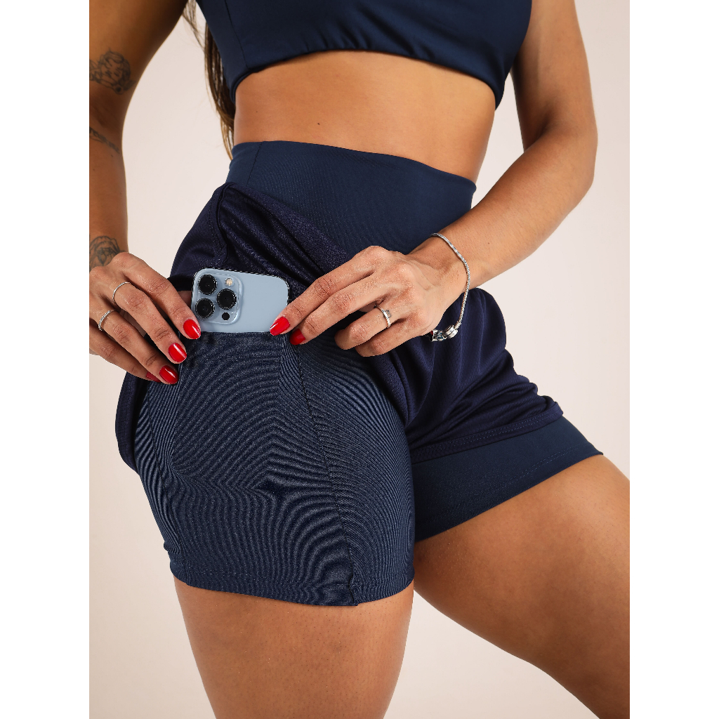 Short Duplo De Corrida Com Bolsos Laterais Fitness Beach Tennis Dryfit Suplex