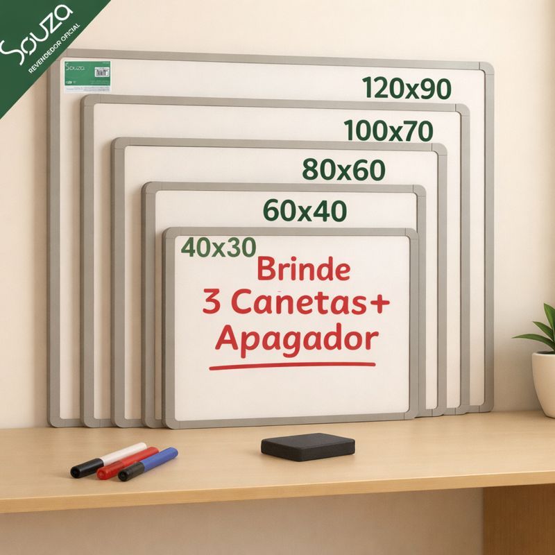 Lousa Branca Quadro Branco + 3 Marcadores e 1 Apagador Moldura De Aluminio Didática Multiuso