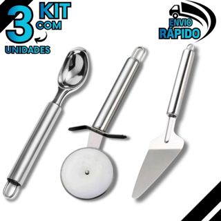 Kit 3 Em Inox Colher De Sorvete/Açaí Carretilha Cortador De Pizza E Espátula De Bolo em Oferta na Shopee