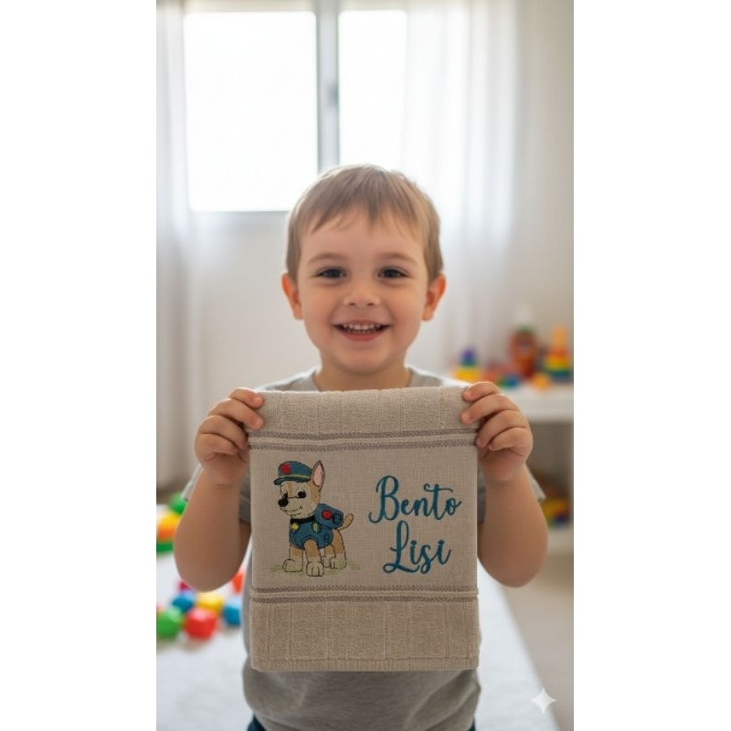 Toalha de Mão Infantil Patrulha Canina Chase Personalizada Bordada Escolar Creche