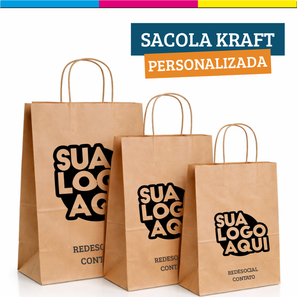 SACOLA KRAFT PERSONALIZADA P,M,G, 100 UNIDADES