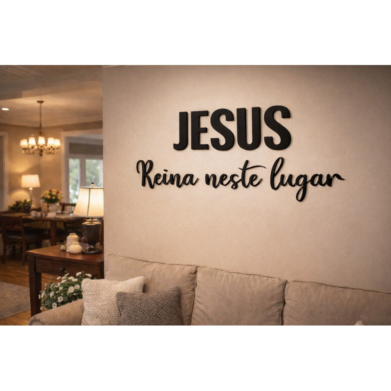 Placa Decorativa Cristã Jesus Reina Neste Lugar Decoração Parede Evangélica Sala Quarto