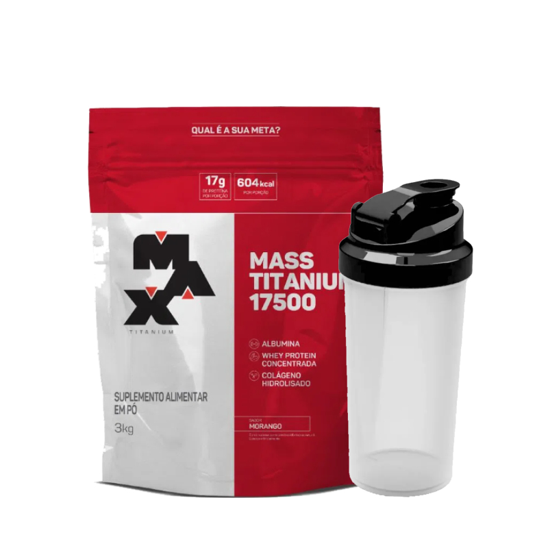 Kit Mass Titanium 17500 Max Titanium 3kg + Coqueteleira Brinde Hipercalórico Ganho de Peso Hipertrofia