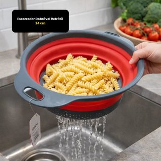 Escorredor Redondo Retrátil Dobrável Silicone Multiuso Verduras Frutas Arroz Macarrão Casa cozinha JK
