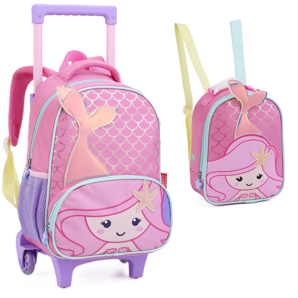 Kit 2 Peças Mochila Bolsa Escolar Infantil Creche com Rodinha Lancheira Bichinhos Sereia Baleia Tubarão Seanite MR41324