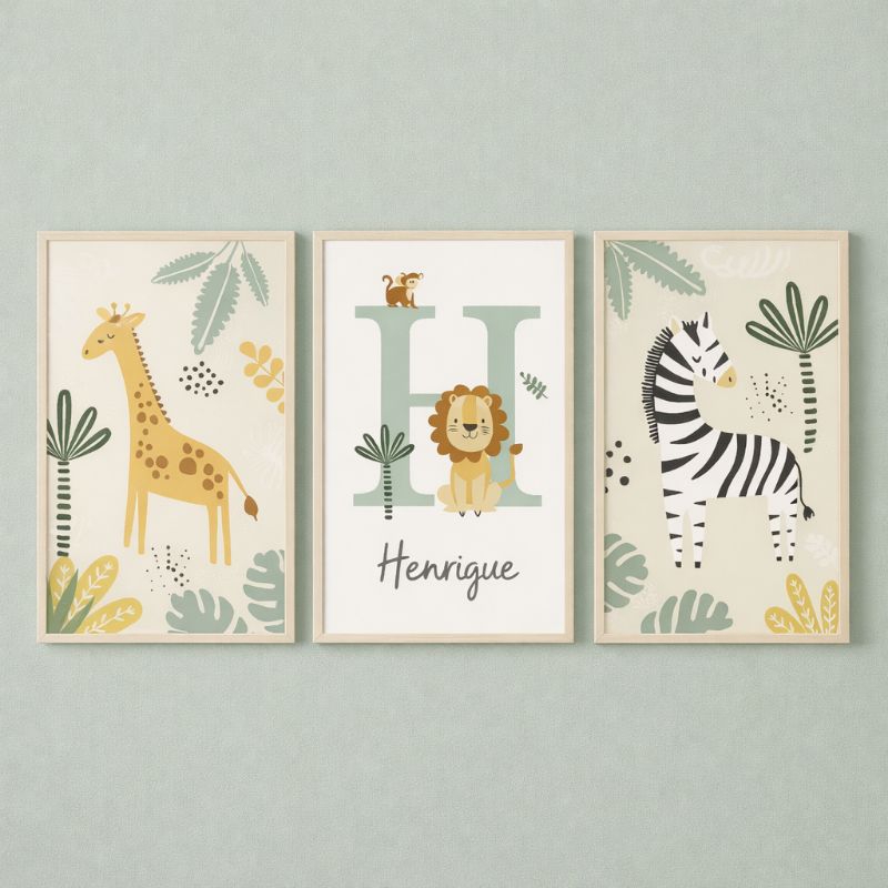 Kit 3 Quadros Decorativos Infantil Safari Personalizado Com Nome Decoração Quarto Menino em Oferta na Shopee