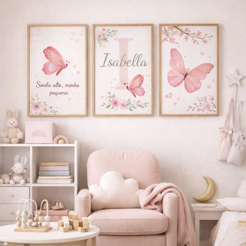 Kit 3 Quadros Decorativos Infantil Borboleta Rosa Personalizado com Nome Para Quartos de Menina