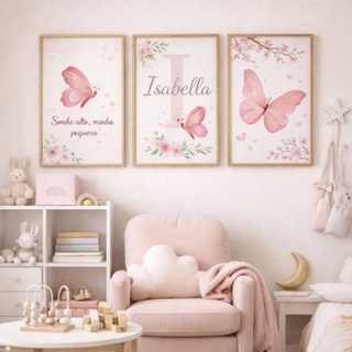 Kit 3 Quadros Decorativos Infantil Borboleta Rosa Personalizado com Nome Para Quartos de Menina em Oferta na Shopee