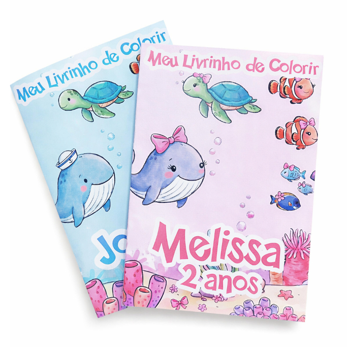Livrinhos Colorir Personalizados Lembrancinha Aniversário Fundo Mar Azul Rosa Capa Brilhante 10x15cm