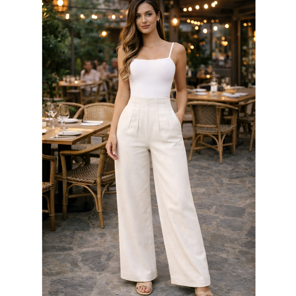 Calça Pantalona no Linho Feminina Cintura Alta Elegante Confortável em Oferta na Shopee