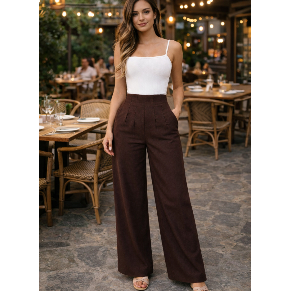 Calça Pantalona Alfaiataria no Linho | Feminina | Cintura Alta Elegante com bolsos e ziper em Oferta na Shopee