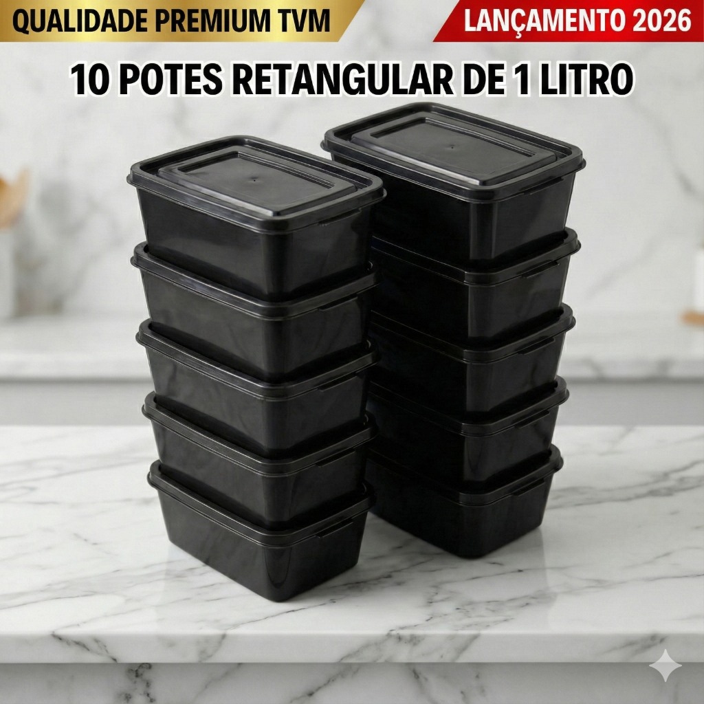 Kit Potes Plástico, Pote Retangular 1 Litro, Marmita Fitness, Pote Preto, Organização Cozinha, Vasilha Plástica, Conjunt