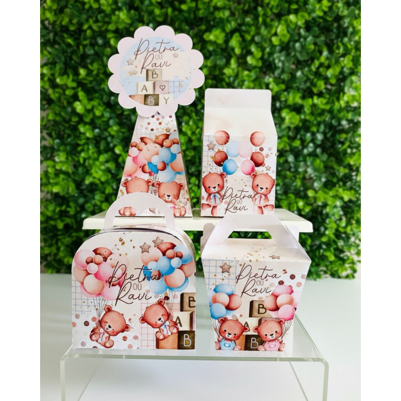 KIT FESTA LEMBRANCINHAS CAIXINHAS PERSONALIZADAS CHÁ REVELAÇÃO URSINHOS (PEGUE E MONTE) | DECORAÇÃO DE MESA