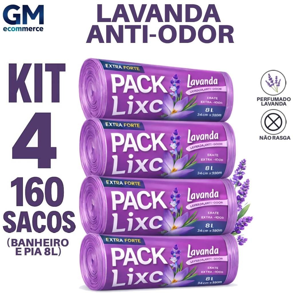 Sacos de Lixo Perfumados Lavanda 10L Kit 4 Packs 160 Sacos Pia e Banheiro 34x38cm Neutraliza Odores
