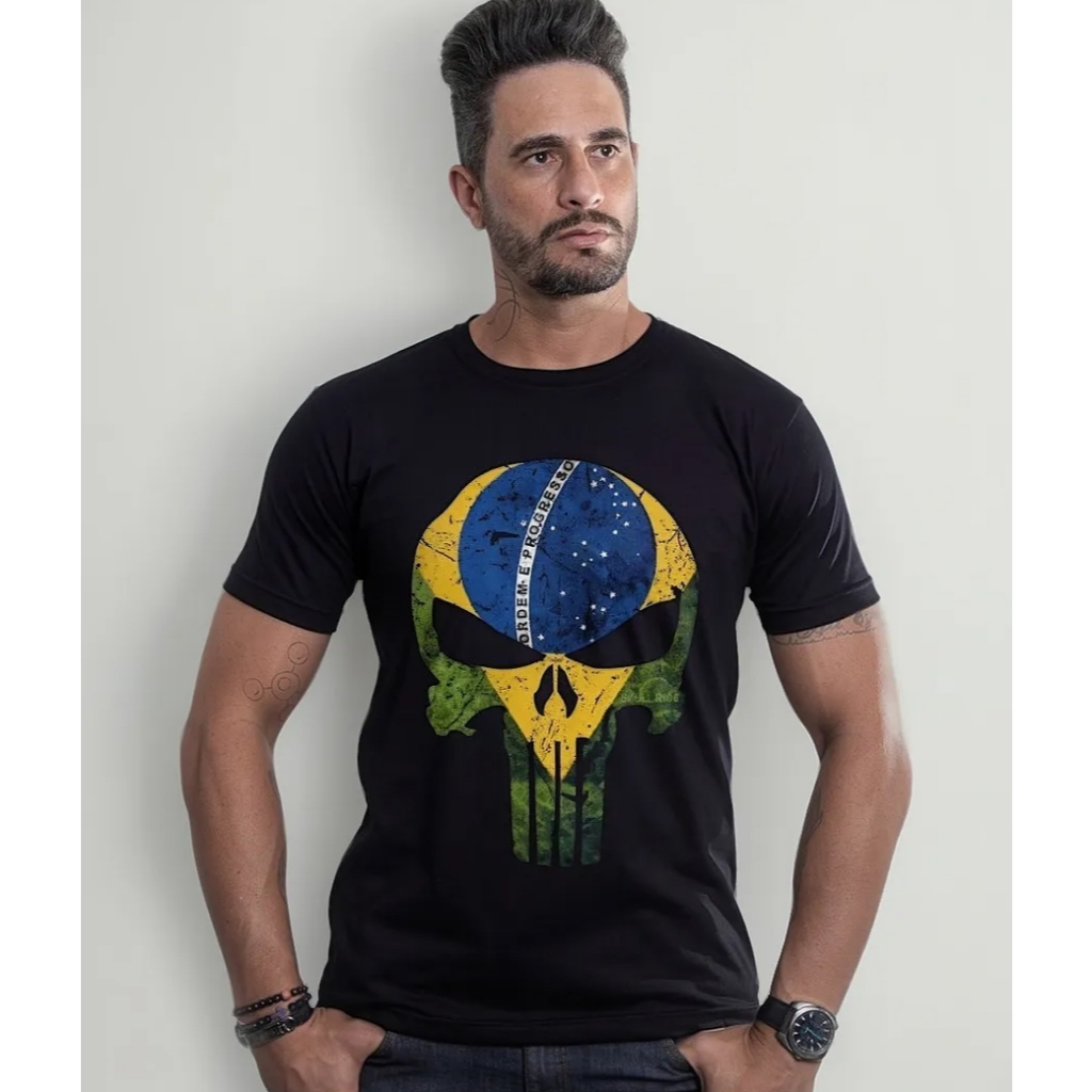 Camiseta Caveira Justiceiro Brasil Patria Bolsonaro Livre