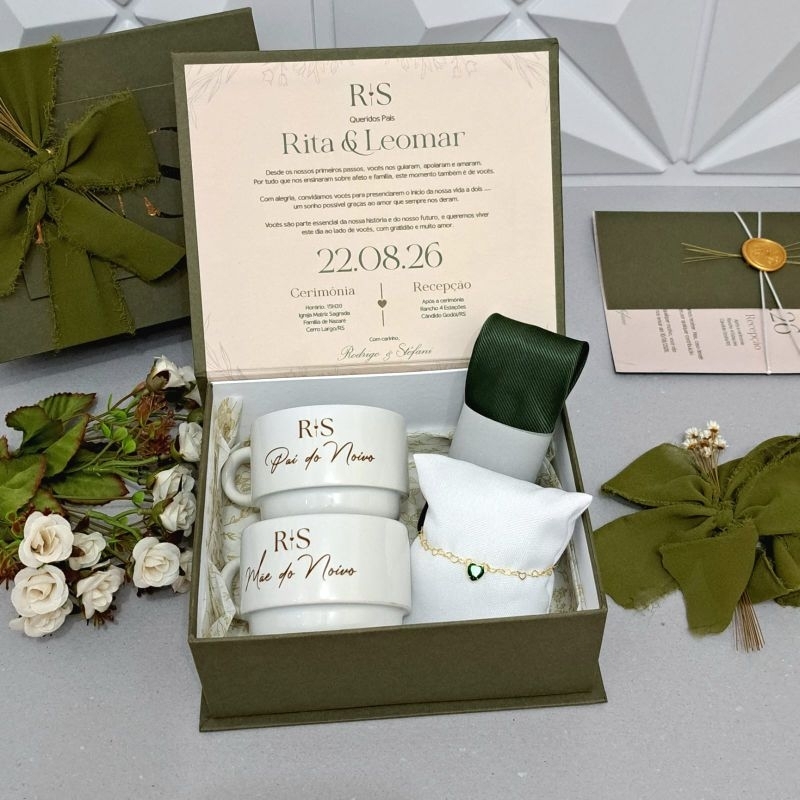 Caixa para Padrinhos de Casamento Verde Oliva | Luxo Personalizada com Iniciais | Xícaras, Pulseira, Gravata, Convite em Oferta na Shopee