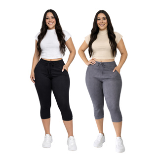 Kit 2 Calça capri Feminina cintura alta Jogger com elastano Corsário canelada em Oferta na Shopee