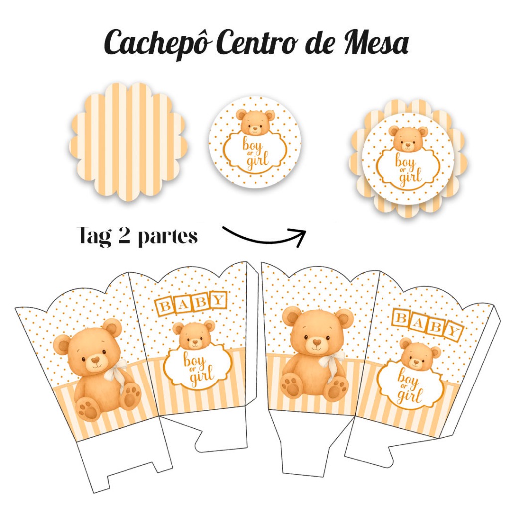 Kit Pegue e Monte 10 a 30 Cachepô Centro de Mesa Pequeno Chá Revelação Ursinho Neutro Bege e Branco