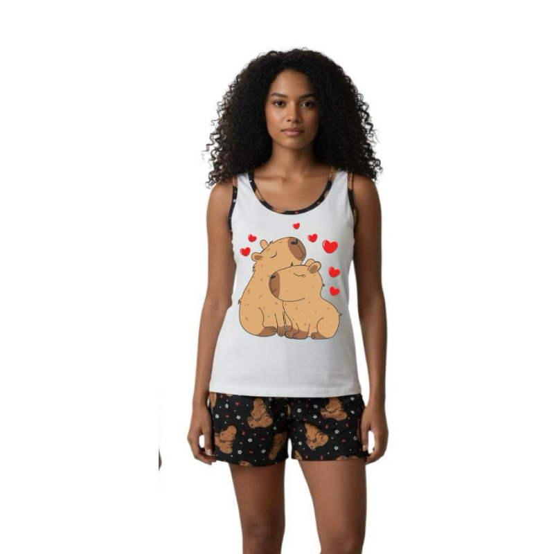 Pijama short doll infantil capivara baby doll feminino camiseta malha verão personagens