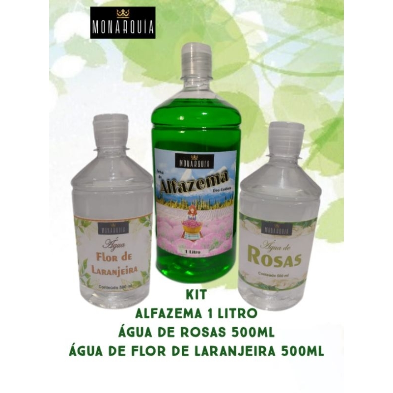 Kit Alfazema 1 litro, Água flor de laranjeira 500ml e Água de rosas 500ml em Oferta na Shopee