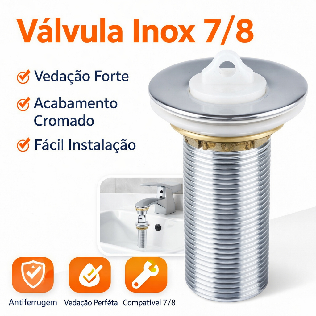 Válvula Inox 7/8 Para Pia de Banheiro | Ralo Metálico Cromado com Tampa | Alta Durabilidade - Z01 em Oferta na Shopee