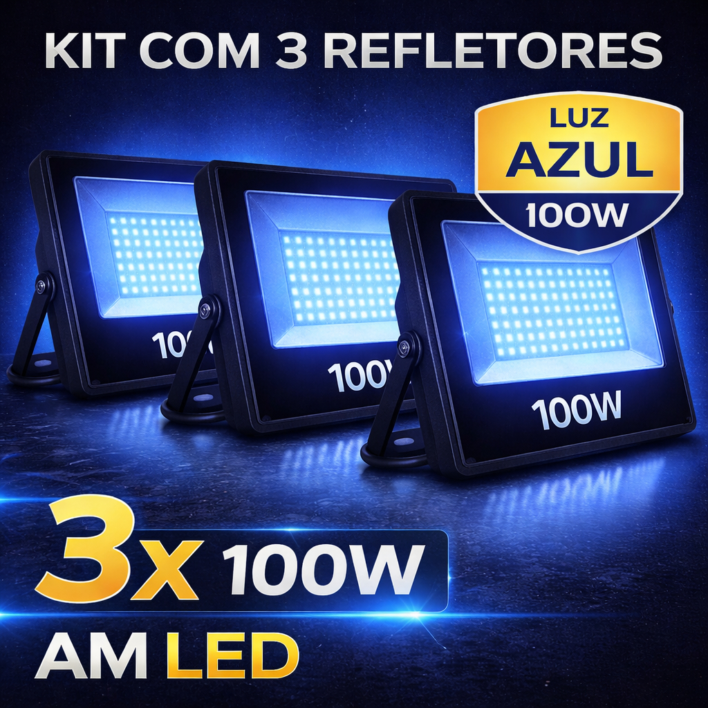 KIT 3x Holofote luz azul 100w refletor led bivolt resistente a chuva iluminação de piscina fachada