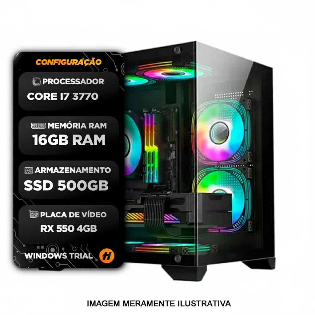PC GAMER Completo i73770 16GB SSD 500GB Radeon RX550 4GB Gabinete Aquario 3 Fans RGB Fonte 500W