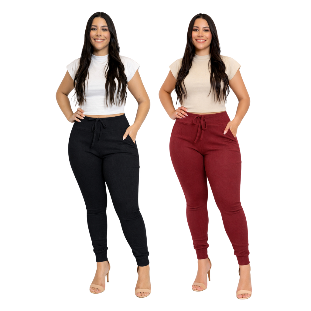 Kit 2 Calças feminina Cintura alta jogger com elastano canelada